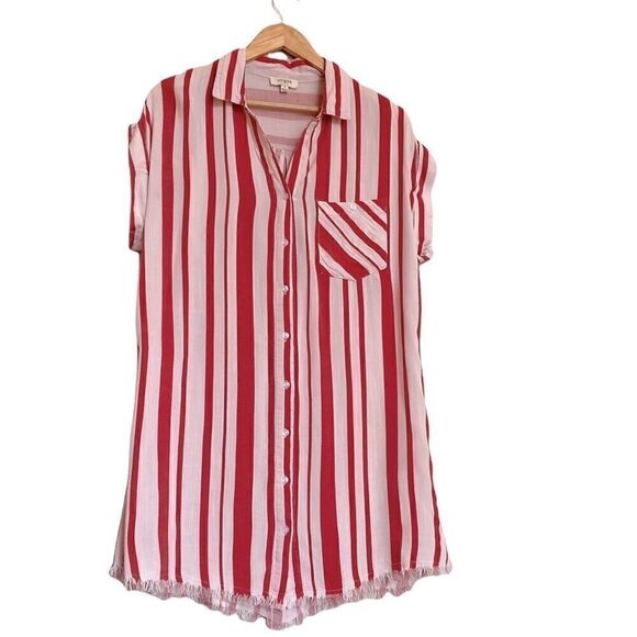 Umgee Red and White Striped Button Front Shirt Dress Small Raw Hem - Picture 1 of 4